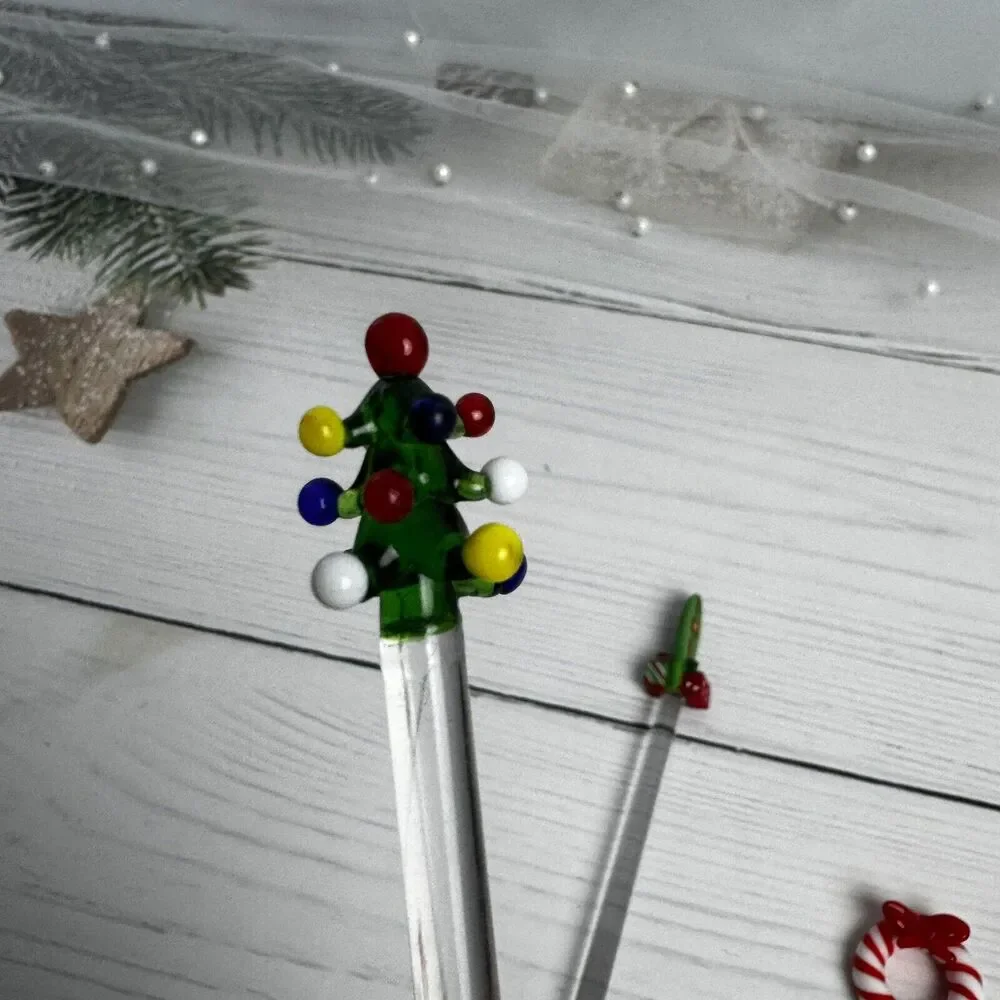 Pier 1 Glass Cocktail Swizzle Sticks Christmas Tree Presents‎ Wreath Surfboard